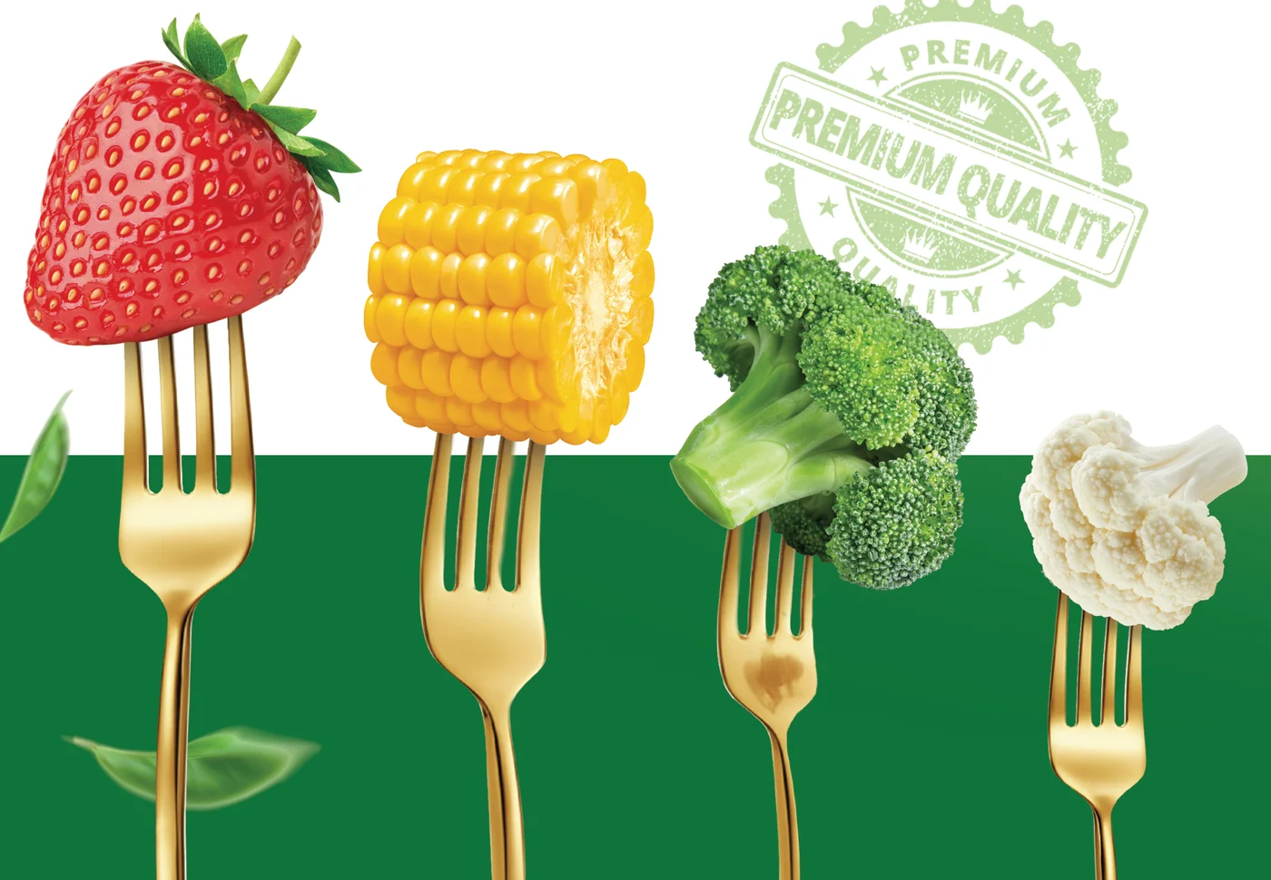Nasayem – Forks Strawberry, sweet corn, broccoli and cauliflower on forks beside a premium quality seal