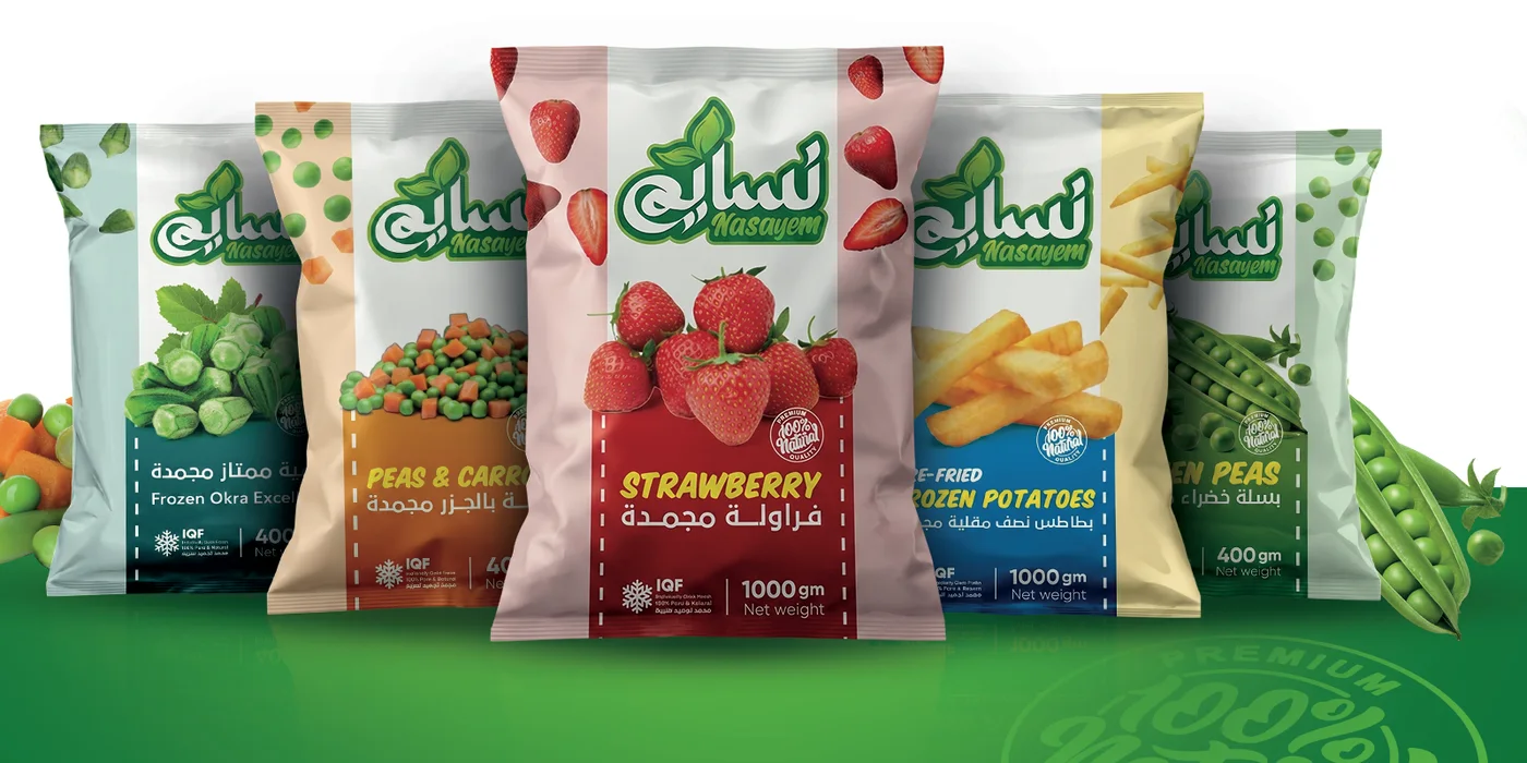 Nasayem – Packaging Nasayem frozen food retail bags: okra, peas and carrots, strawberry, french fries and green peas